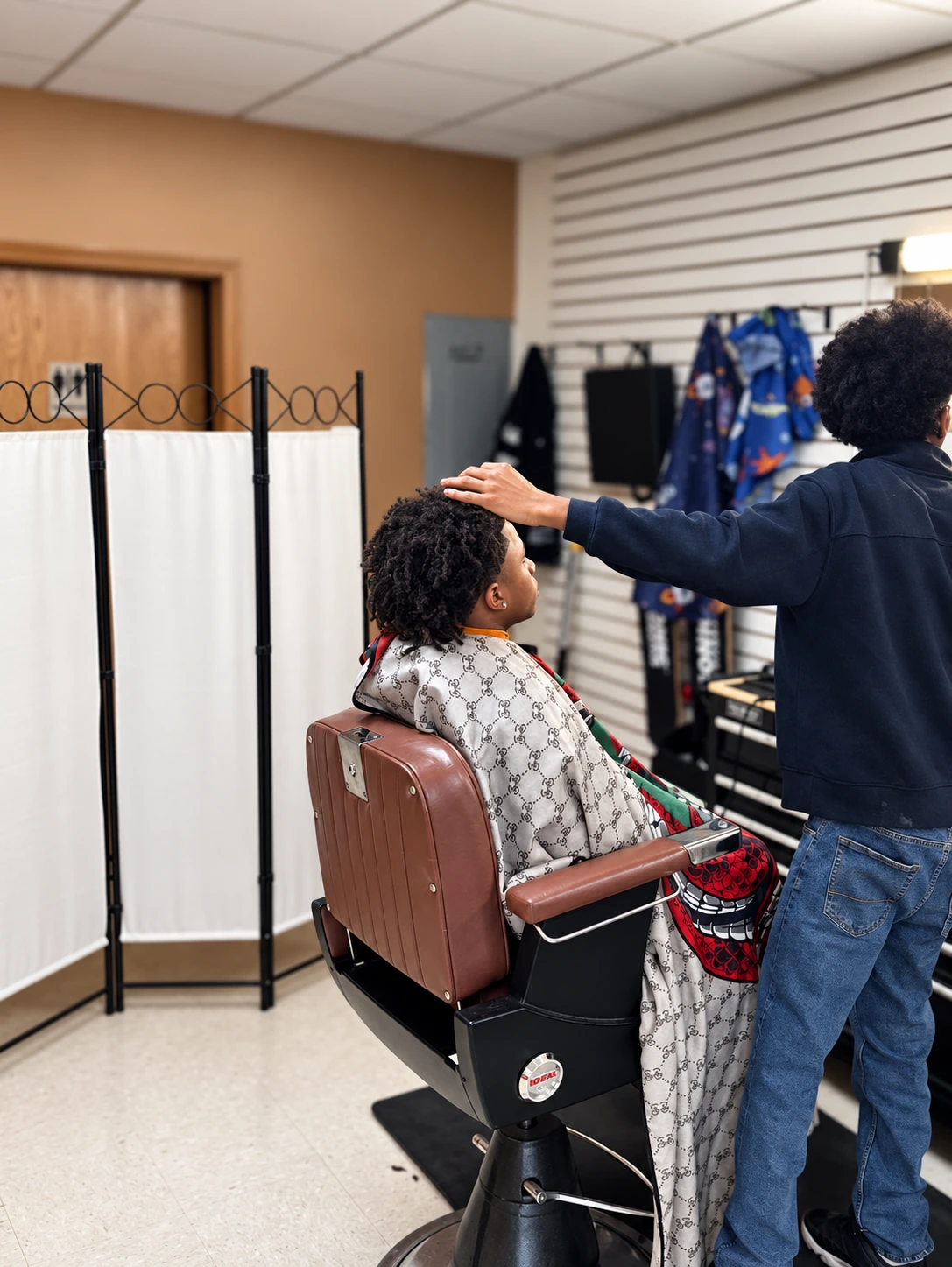 Jassem working with a client in the barber chair
